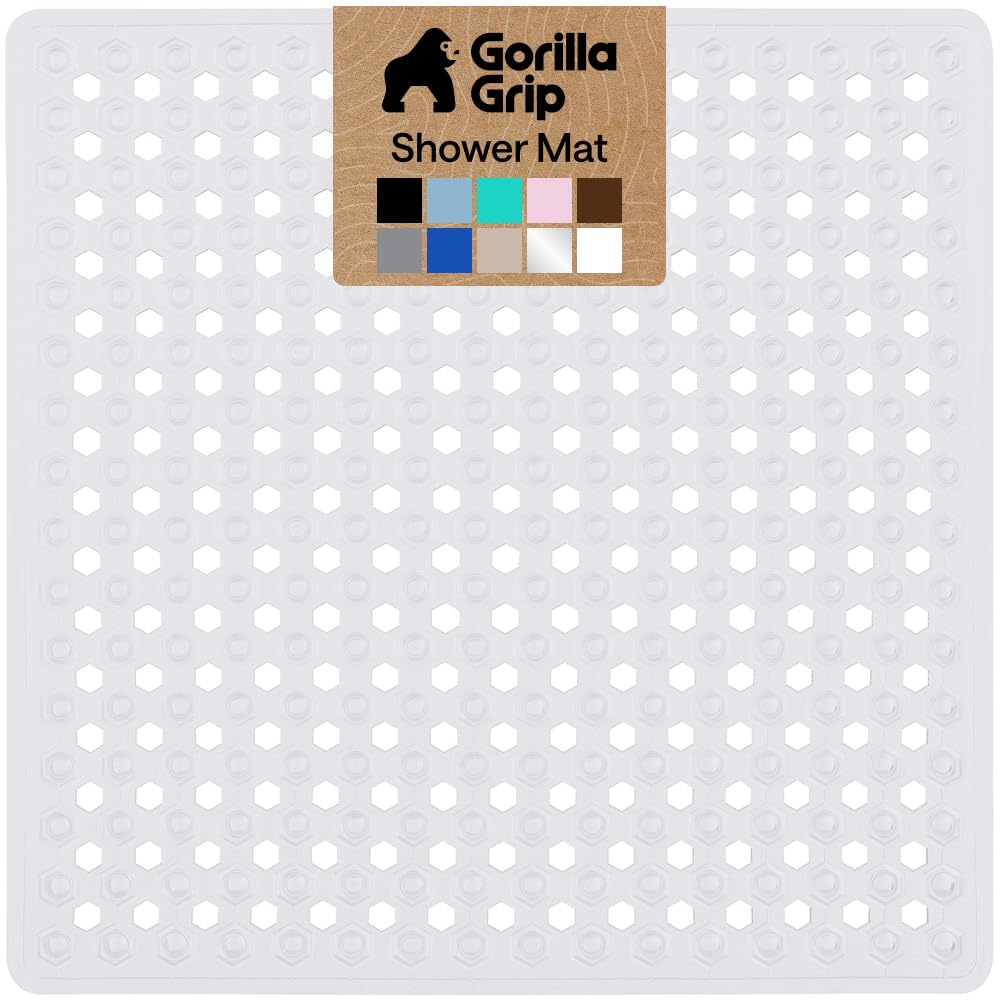 GORILLA GRIP patented square shower mat with suction cups for secure stability.
