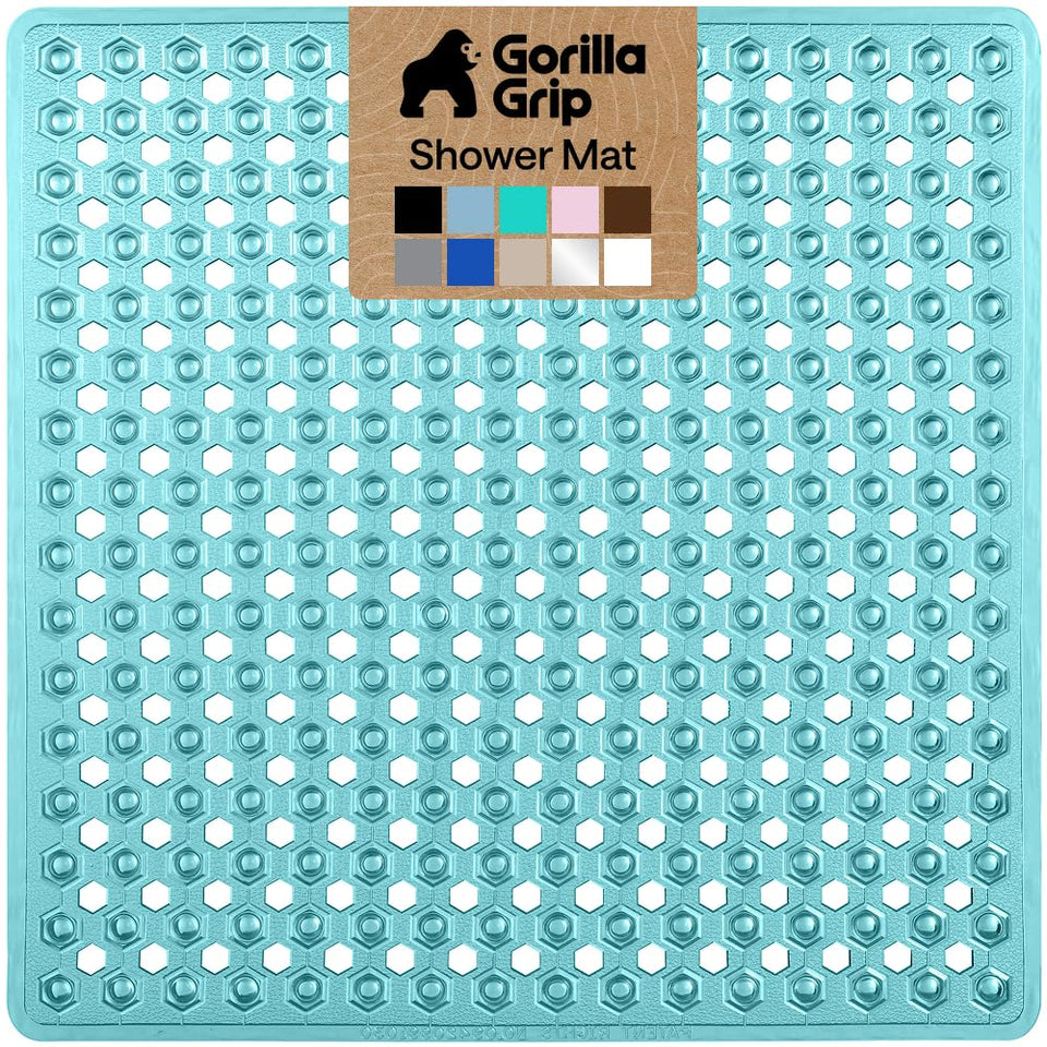 GORILLA GRIP square shower mat secured on smooth shower floor for safe standing