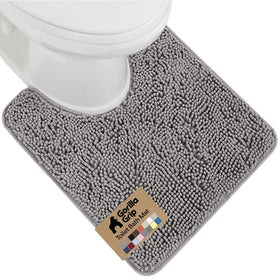 GORILLA GRIP plush-absorbent shaggy chenille bath rug around oval toilet base, soft underfoot warmth.