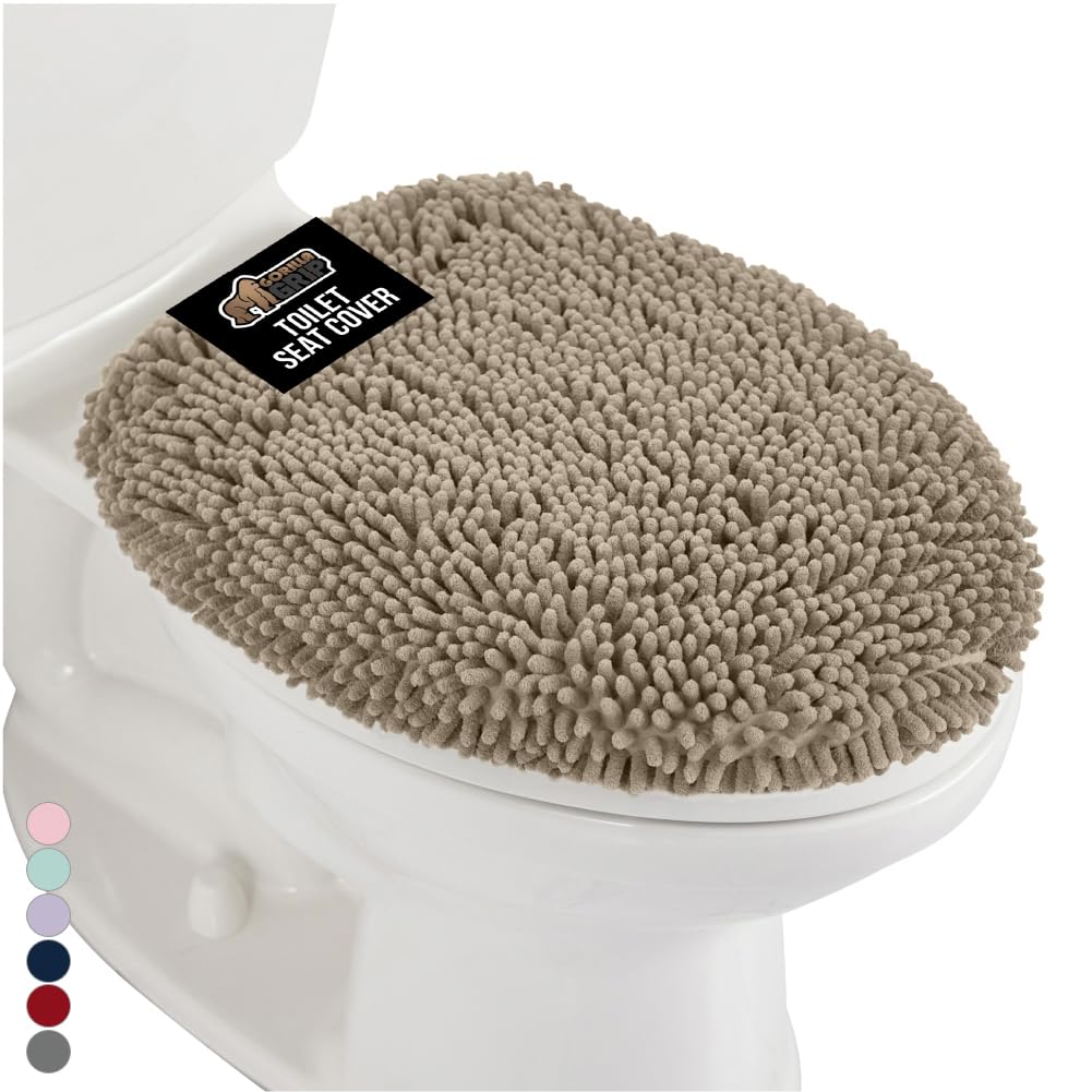 GORILLA GRIP soft chenille toilet lid cover on gray-beige provides cozy comfort and protection.