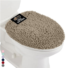 GORILLA GRIP soft chenille toilet lid cover on gray-beige provides cozy comfort and protection.