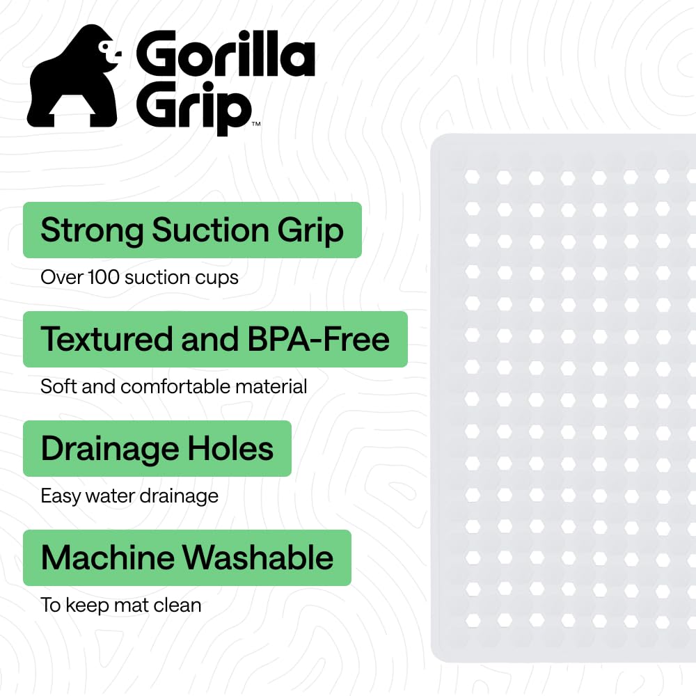 GORILLA GRIP square mat with drainage holes helps prevent water pooling.