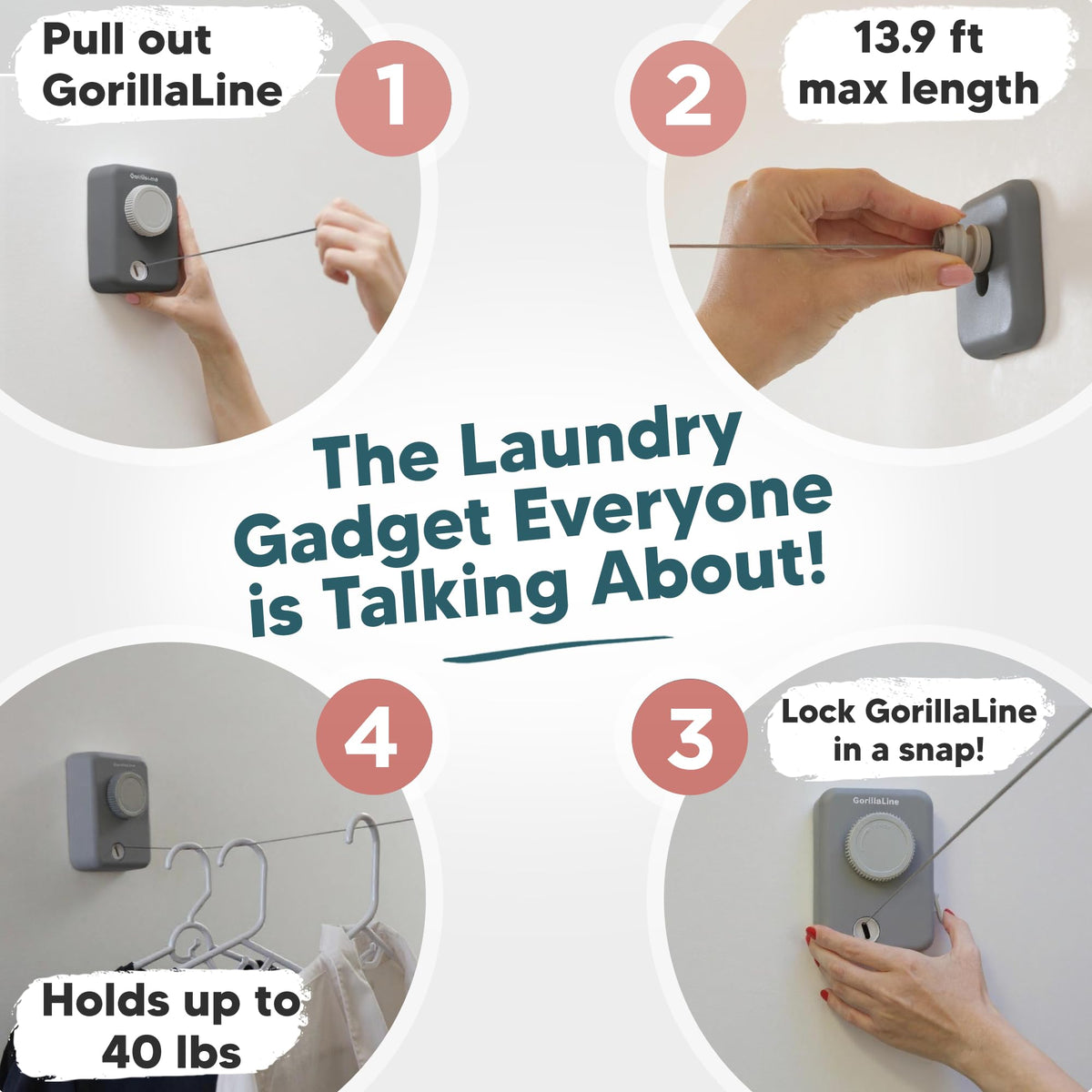 GorillaLine Max extends to 13.9 ft for towels and linens.