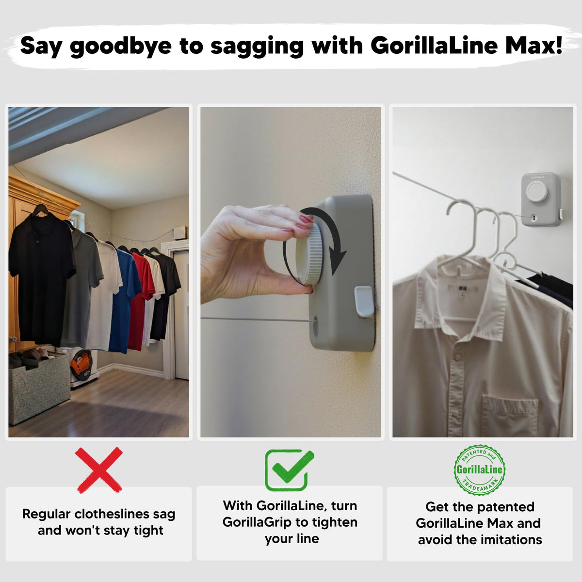 GorillaLine Max non-sagging with GorillaGrip for secure drying.
