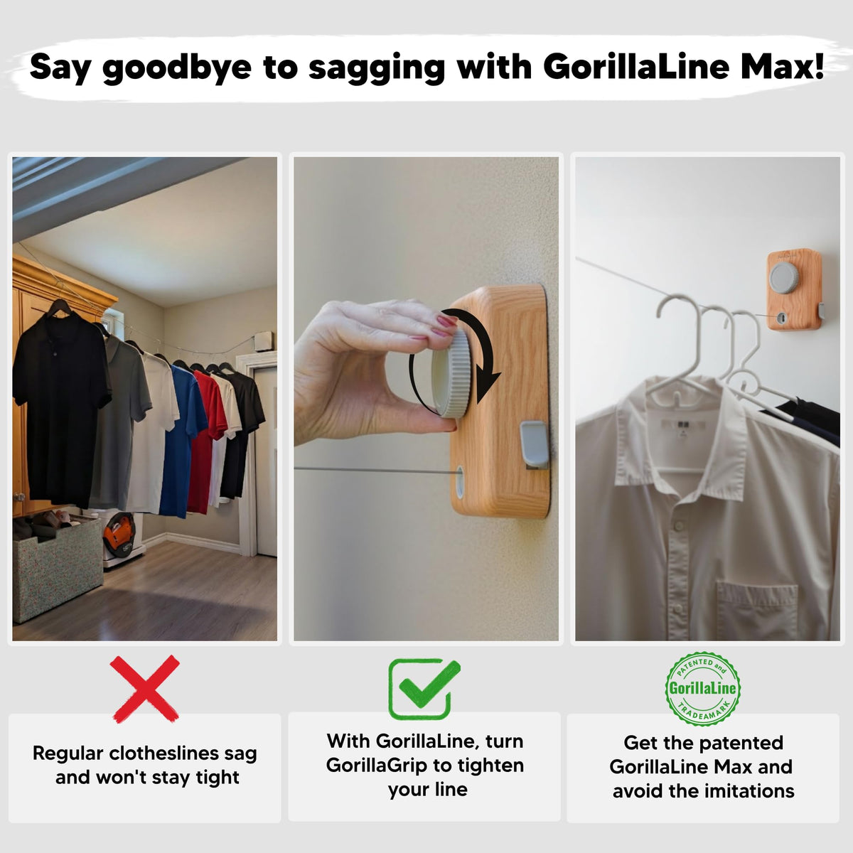 GorillaLine Max non-sagging tightener in action ensures towels dry tautly without droop