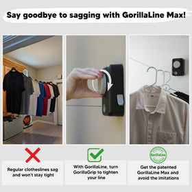 GorillaLine Max non-sagging line maintains taut tension for towels and linens.