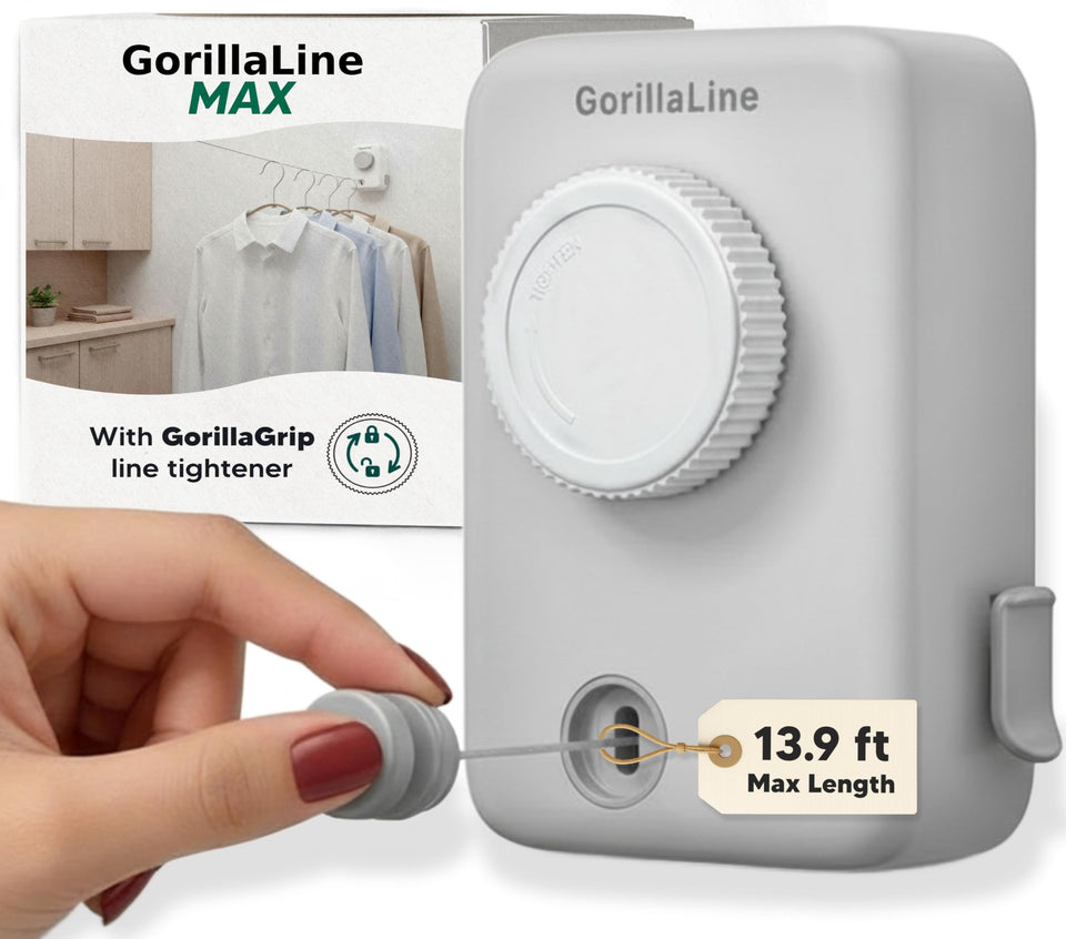 GorillaLine Max extended retractable clothesline for outdoor and indoor drying.