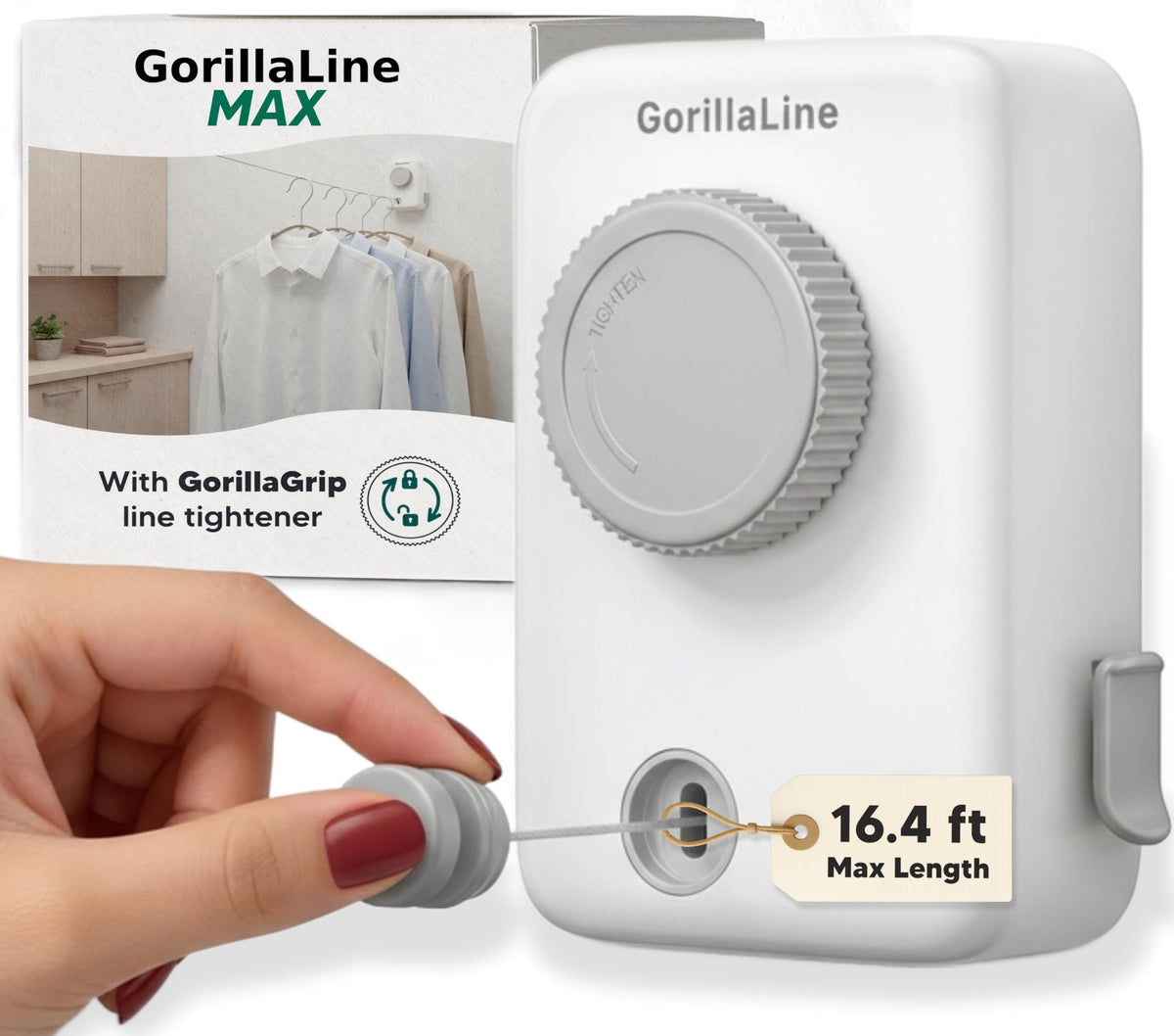 GorillaLine Max retractable clothesline wall-mount in action for organized laundry.