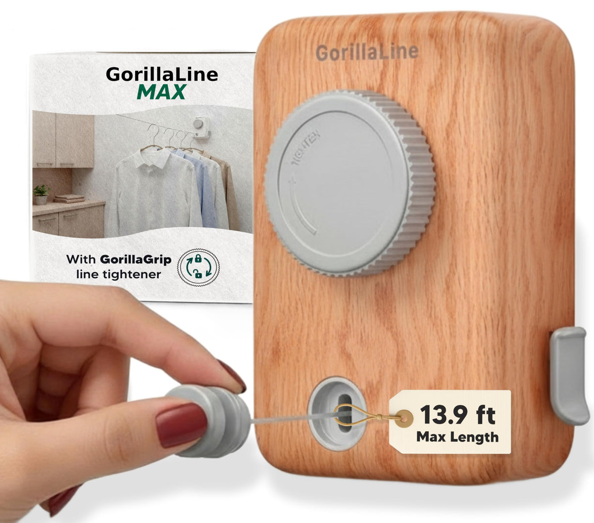 GorillaLine Max retractable line extended on wall for easy indoor/outdoor drying without sag