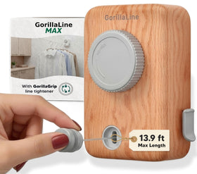 GorillaLine Max retractable line extended on wall for easy indoor/outdoor drying without sag
