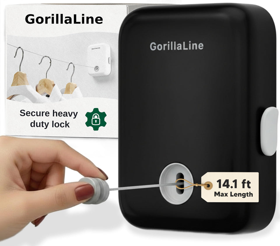 GorillaLine retractable clothesline extended to 14.1 ft for towels and linens.