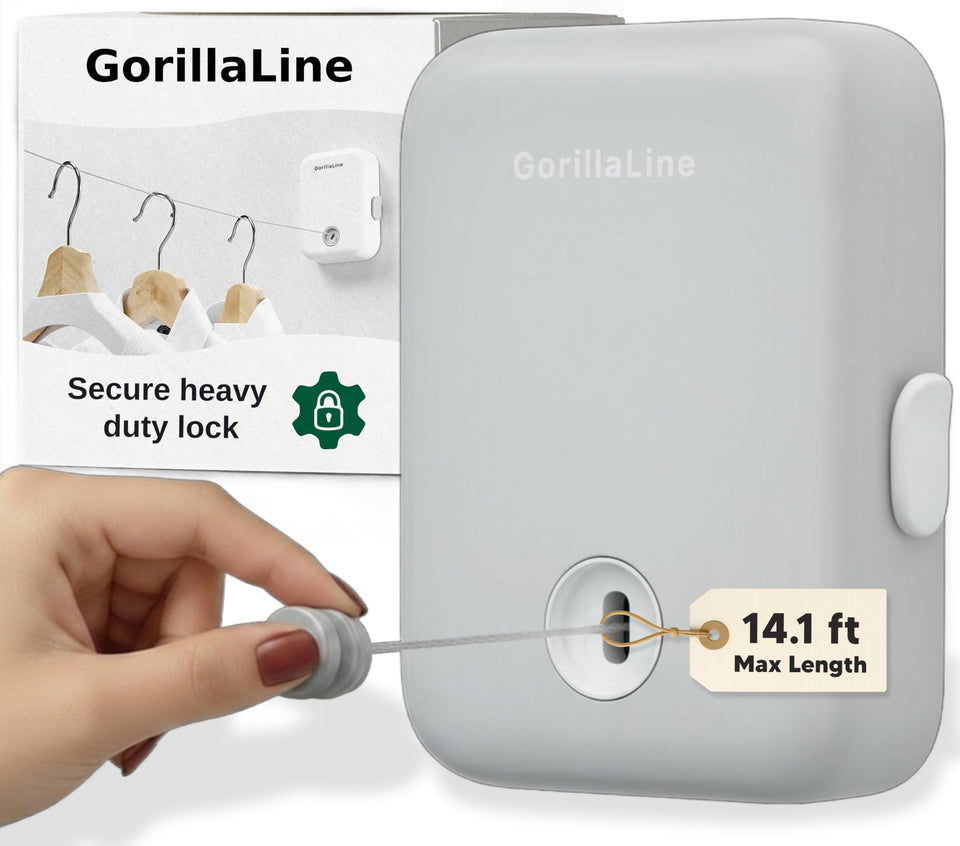 GorillaLine retractable clothesline wall mounted for convenient indoor or outdoor drying.