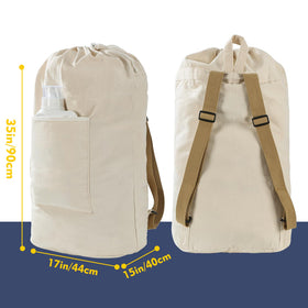 GORISEN beige canvas backpack-style laundry bag with adjustable straps for comfortable carrying.