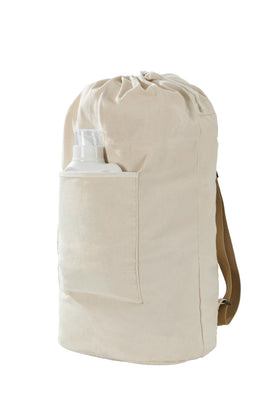 GORISEN canvas laundry bag with front pocket and drawstring closure for easy organization.
