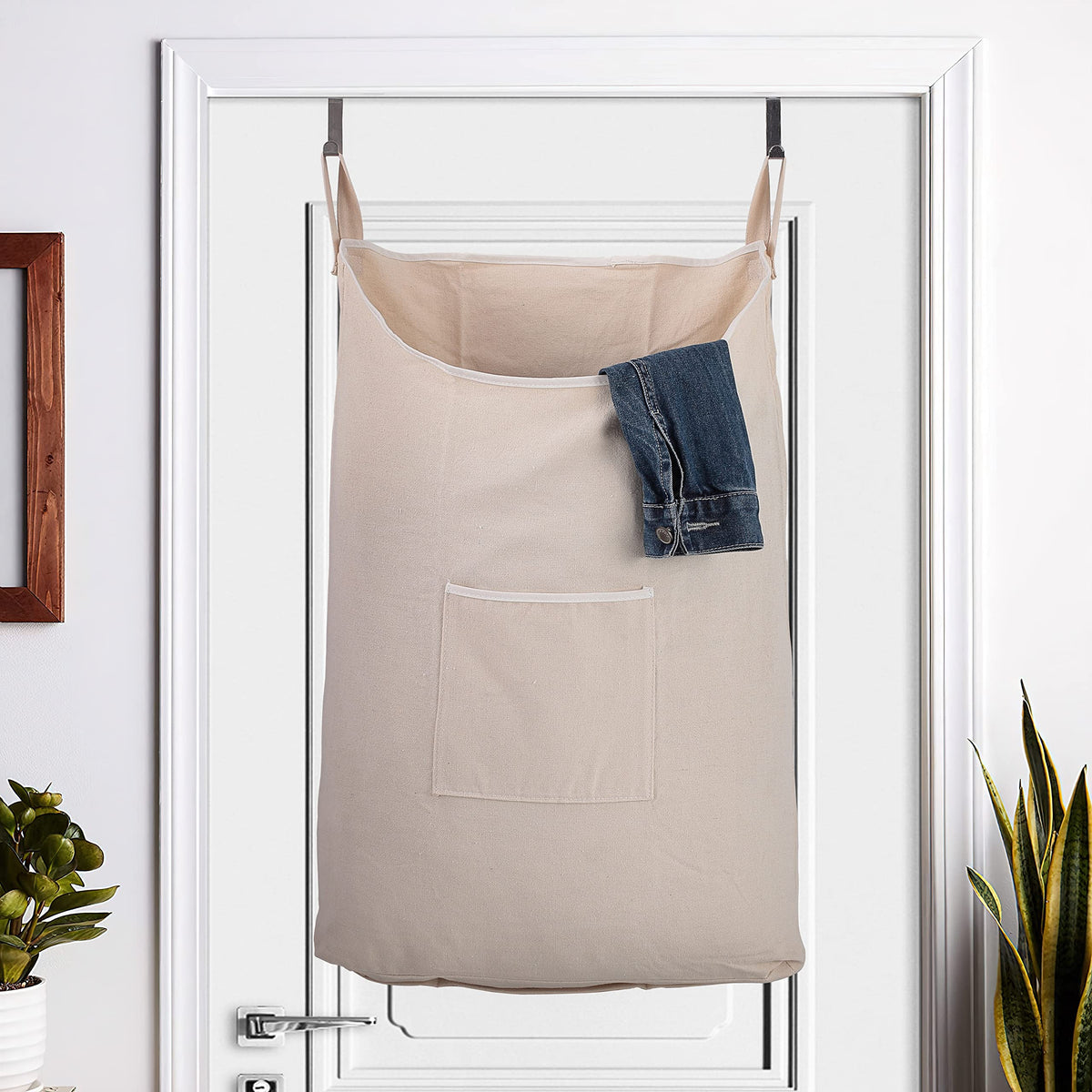 GORISEN door-hooked laundry hamper showing stainless steel hooks for easy setup.