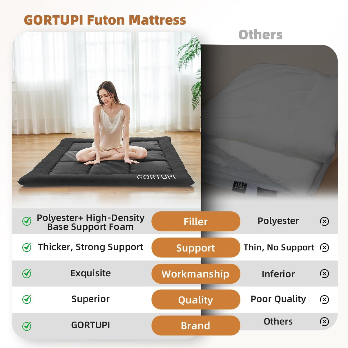 GORTUPI dual-sided square futon for versatile bedroom and living room use.