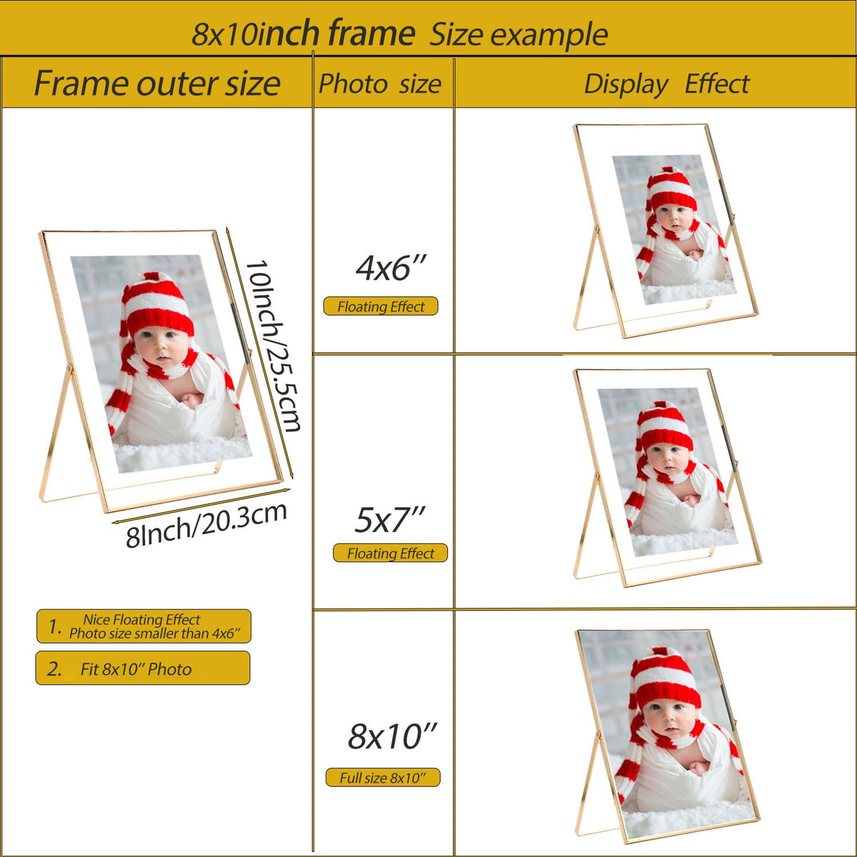 GorYeeFine gold 8x10 floating frame easy photo swap design.