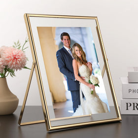 GorYeeFine gold 8x10 floating frame on table top display with floating edge.