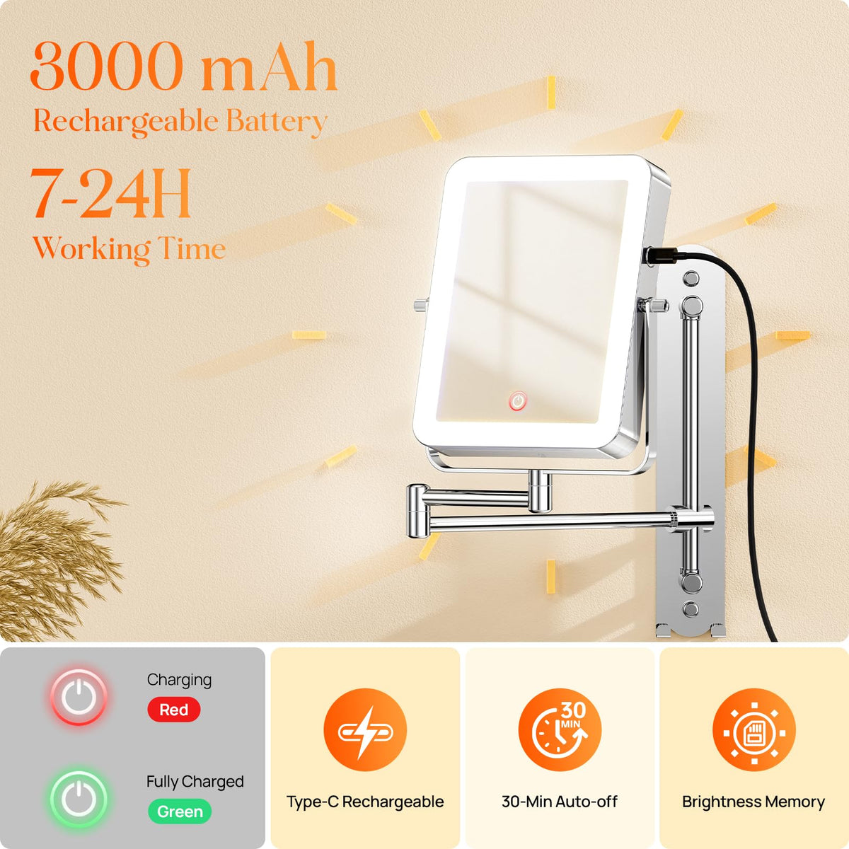 Gospire rechargeable makeup mirror with 3000mAh battery and Type-C charging cable