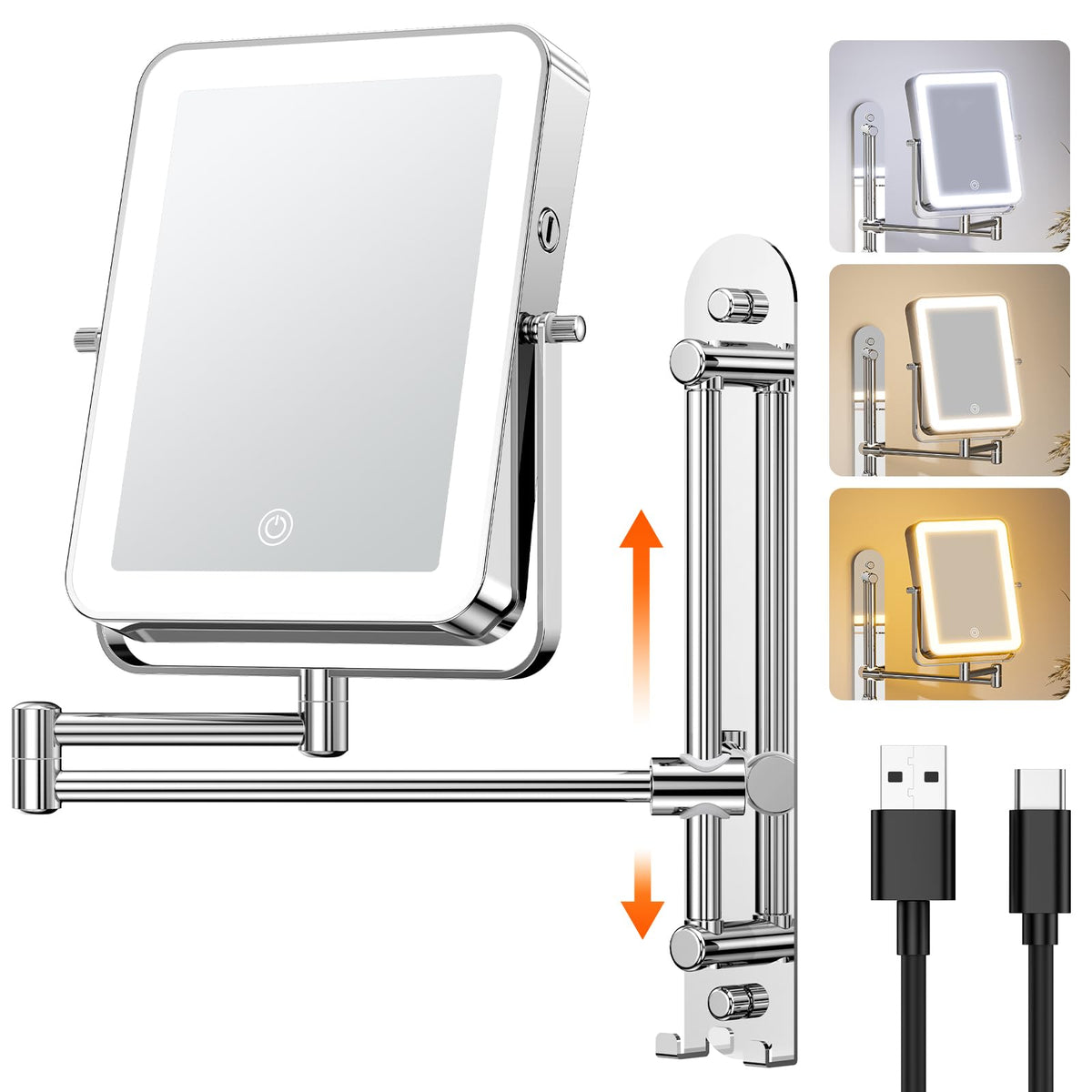 Gospire height-adjustable wall-mount makeup mirror with angle view for precise application