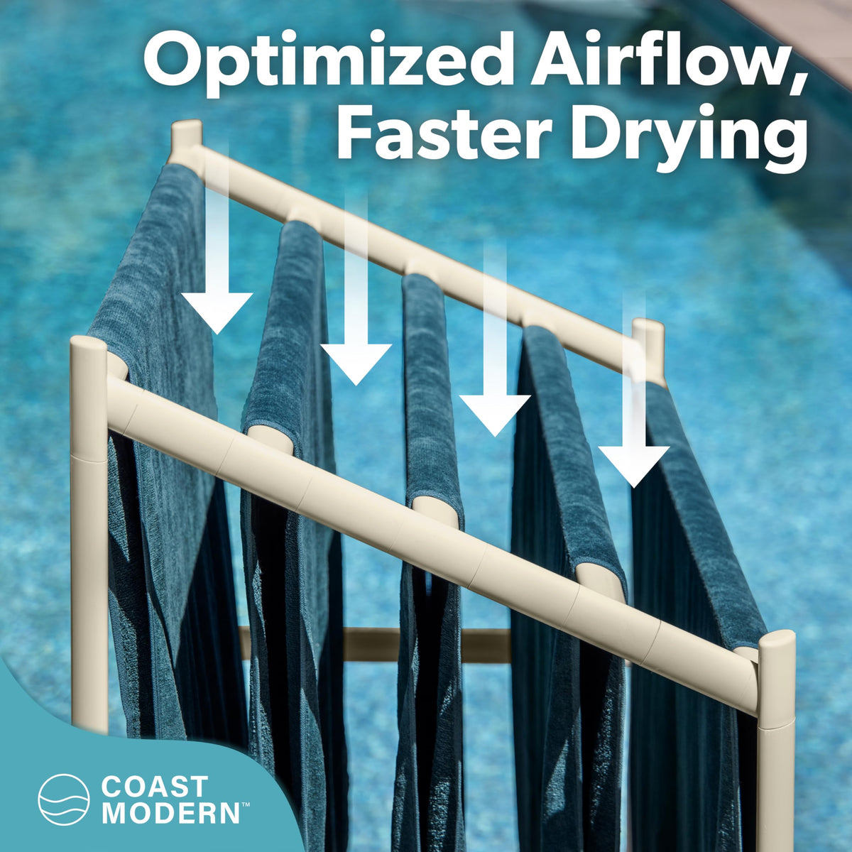 GoSports Coast Modern Pool Towel Rack assembly image demonstrates tool-free setup.
