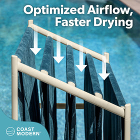 GoSports Coast Modern Pool Towel Rack assembly image demonstrates tool-free setup.