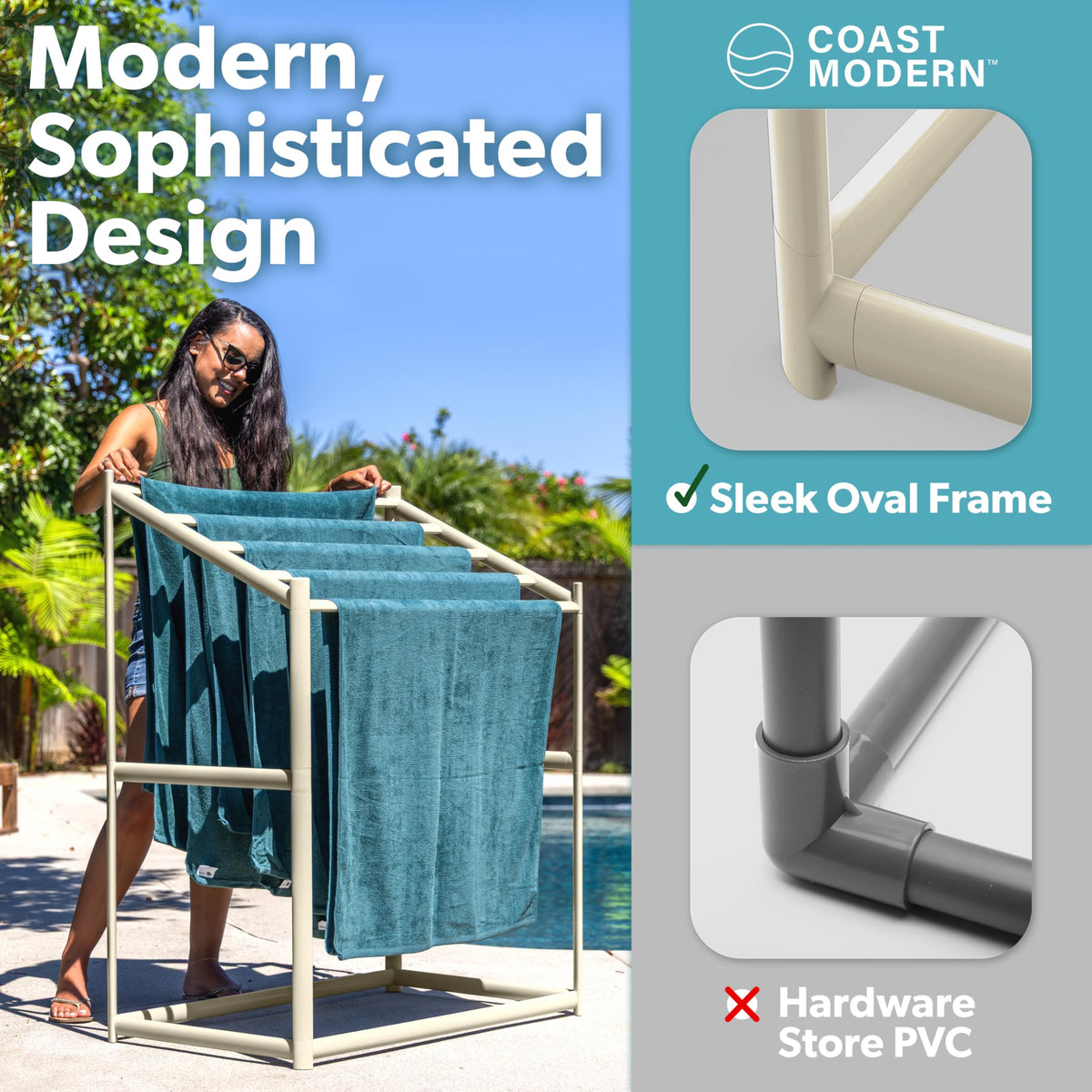 GoSports Coast Modern Pool Towel Rack base and feet show slip-resistant stability.