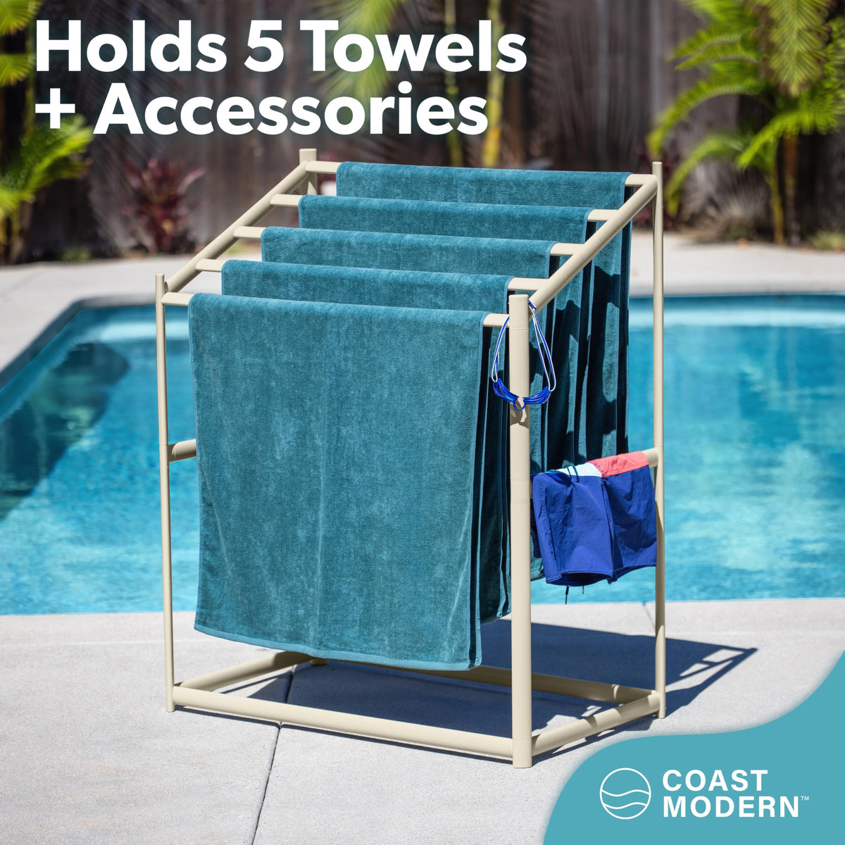 GoSports Coast Modern Pool Towel Rack top bars highlight easy air flow for faster drying.
