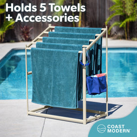 GoSports Coast Modern Pool Towel Rack top bars highlight easy air flow for faster drying.