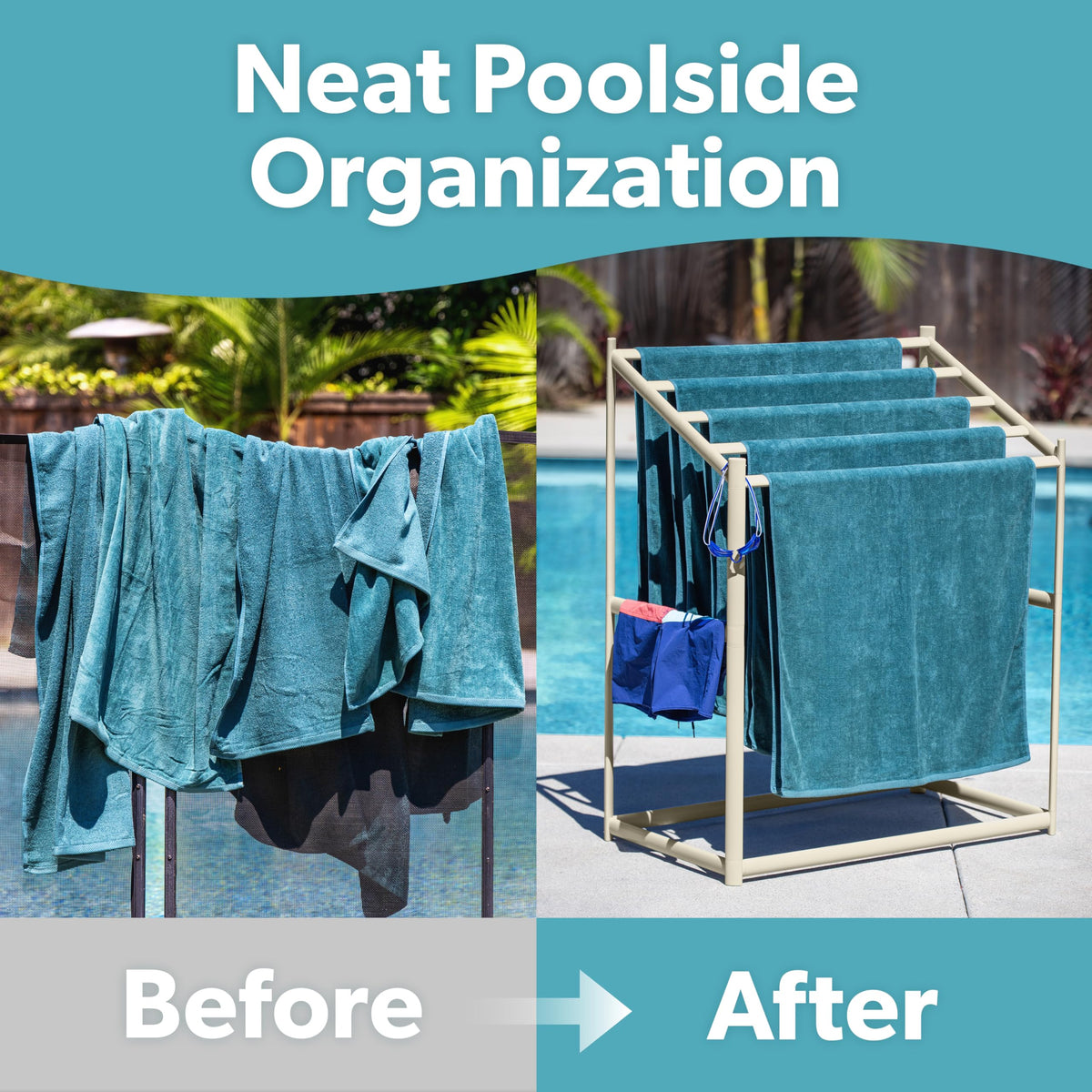 GoSports Coast Modern Pool Towel Rack outdoor-use angle highlights rust-proof durability.