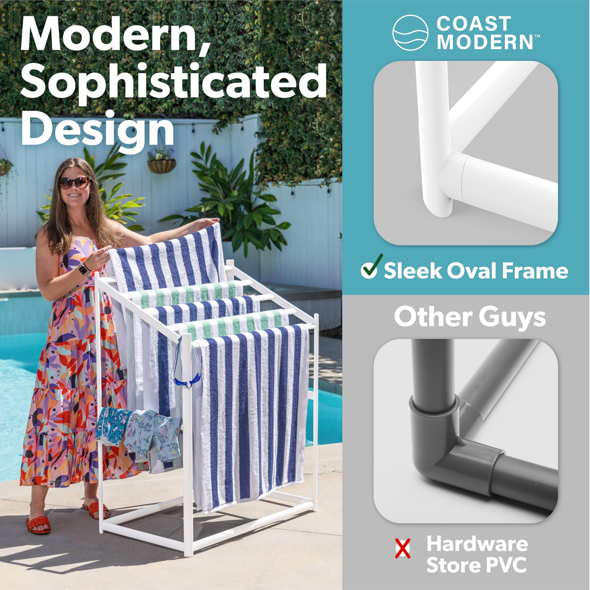 GoSports towel rack close-up illustrating rust-proof PVC construction.