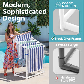 GoSports towel rack close-up illustrating rust-proof PVC construction.