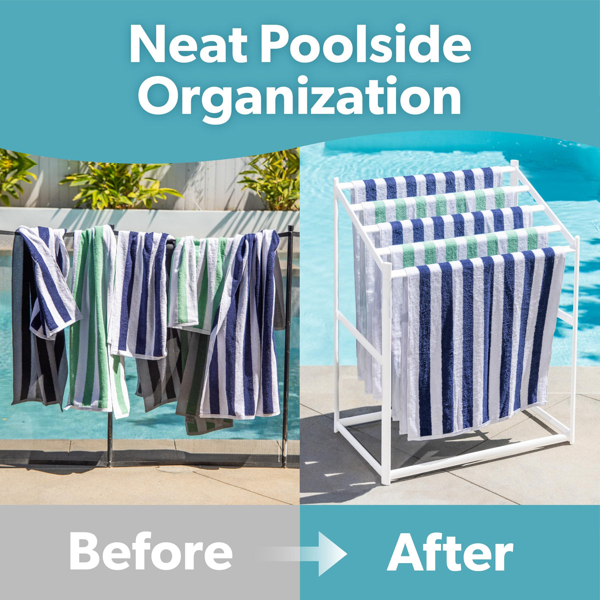 GoSports towel rack in use with towels and goggles for poolside organization.