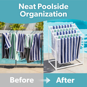 GoSports towel rack in use with towels and goggles for poolside organization.