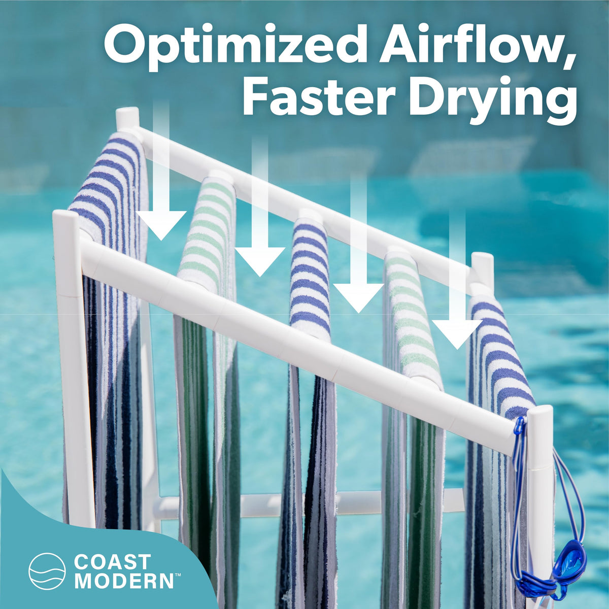 GoSports towel rack outdoors in sun and chlorine-ready environment for year-round use.