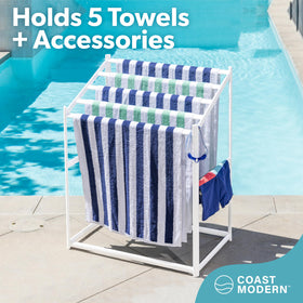 GoSports towel rack side view highlighting five-tier storage for towels and accessories.