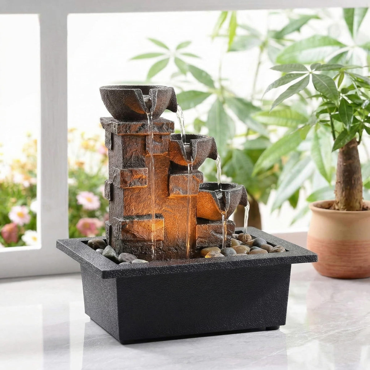 GOSSI 3-Tier Stone Fountain top view with cascading waterfalls for a calming desk centerpiece.