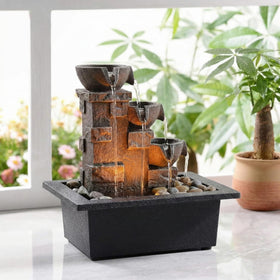 GOSSI 3-Tier Stone Fountain top view with cascading waterfalls for a calming desk centerpiece.