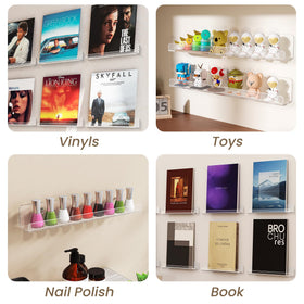 Gotega clear acrylic floating shelf for records enhances room with a light, airy feel.