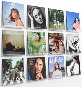 Gotega vinyl wall mount shelf showcases records while preserving artwork for living room decor.