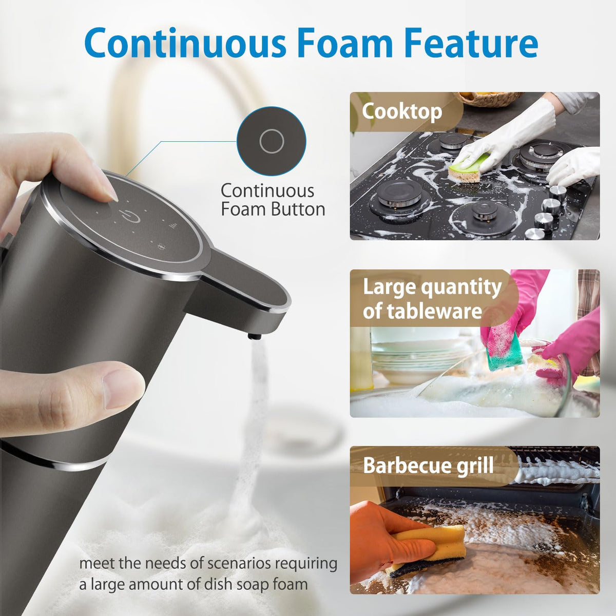 Gotofine continuous foam mode button shown, ideal for large-scale dishwashing and utensil cleanup.