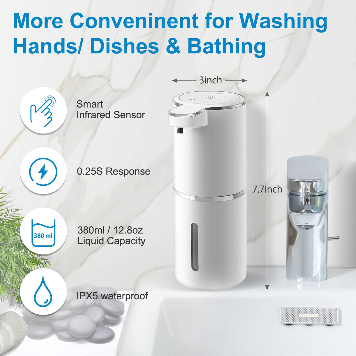 Gotofine wall-mount foaming dispenser saves counter space with sleek, modern design.