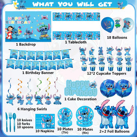 GOTOFUN blue backdrop with Stitch design sets a playful party scene