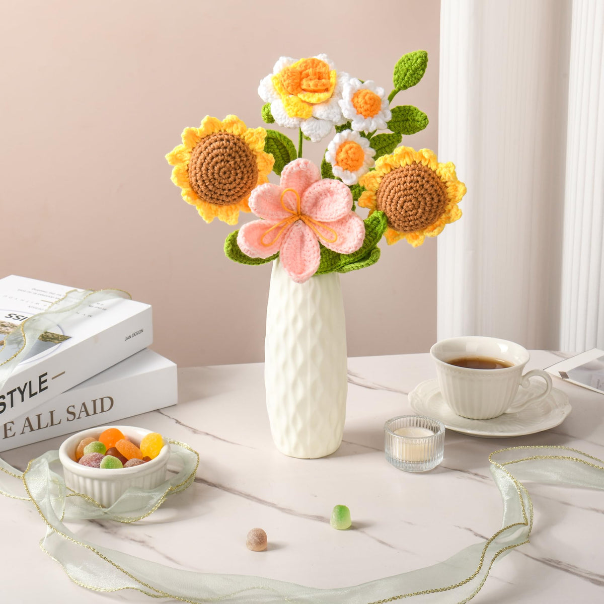 Gouraml crochet bouquet centerpiece idea offers lasting color without water.