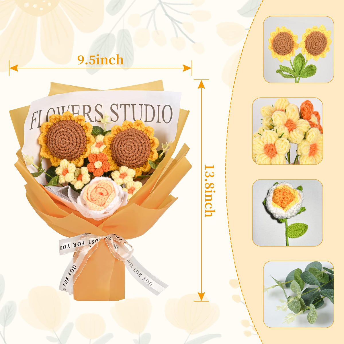 Gouraml crochet bouquet packaging featuring gift bag and ribbon