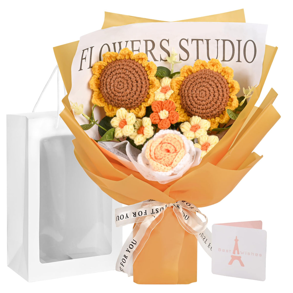 Gouraml crochet sunflower bouquet with two sunflowers, a long-lasting decor piece
