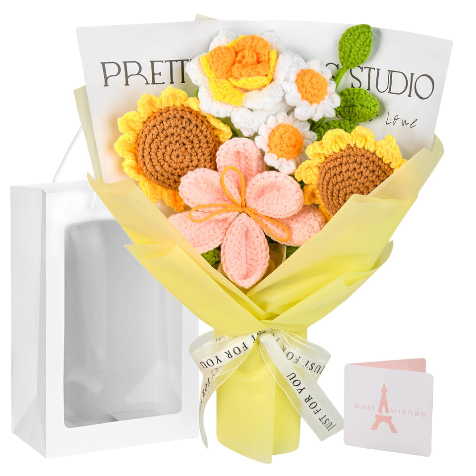 Gouraml crochet sunflowers bouquet for lasting wedding decor and bright tables.