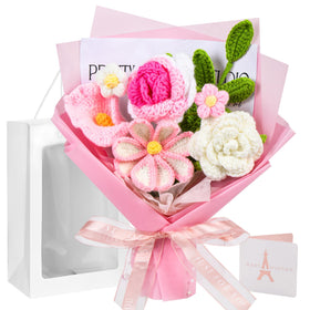 Gouraml pink crochet flower bouquet with white rose, enduring romantic decor.