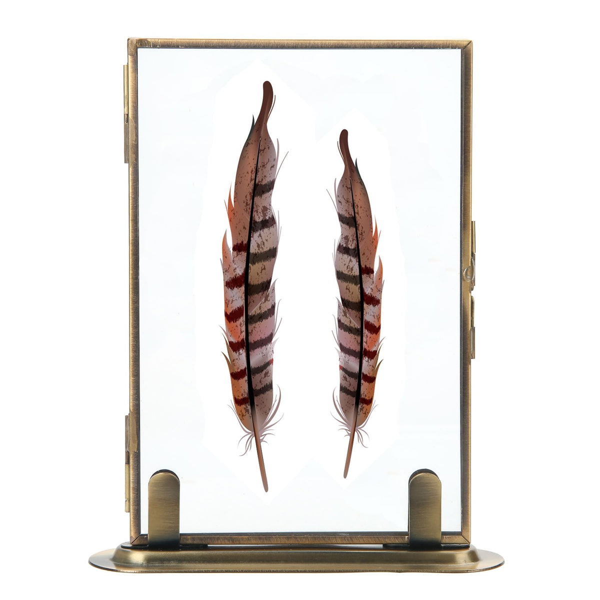 Goutangen brass floating frame front view displaying a 5x7 photo on a tabletop.