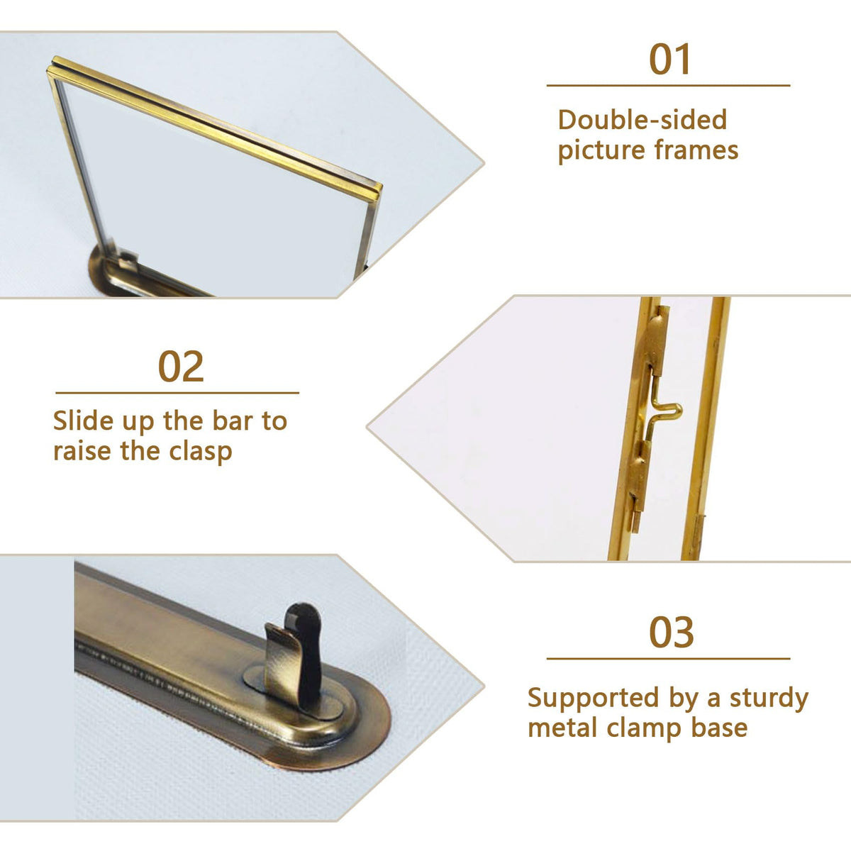 Goutangen brass frame shown with sturdy metal stand for desk use.